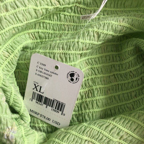 NWT✨Free People 🦋 Marigold Smocked Tee Blouse Key Lime Green Combo Floral XL - Picture 9 of 9